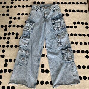 Gap Wide Leg Cargo Jeans Women's 28 Stone Wash Distressed Denim Baggy Skater Y2K
